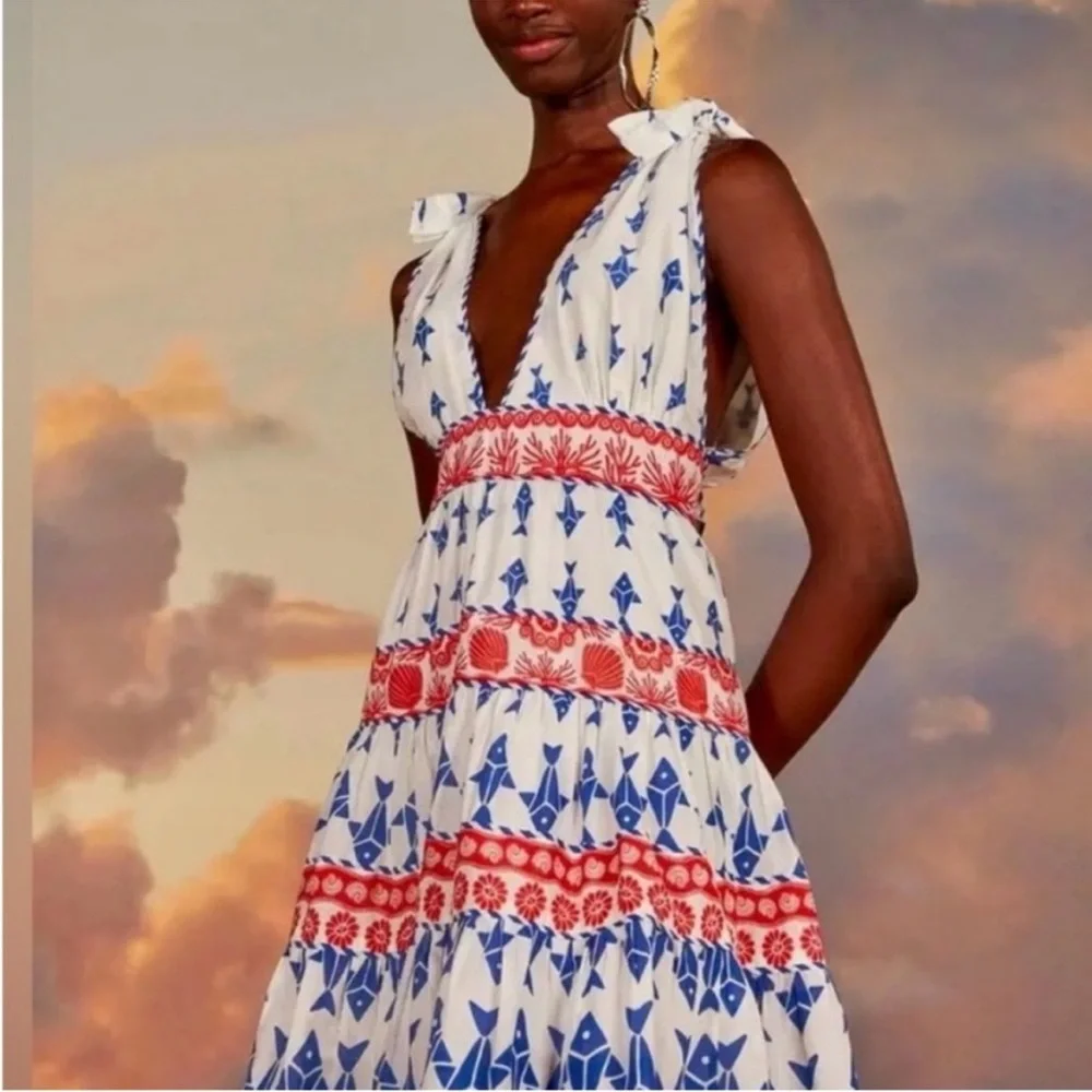 NWT Farm Rio Womens  Graphic Fishes Mini Dress, Off White Blue Red Size S Small - Picture 3 of 5